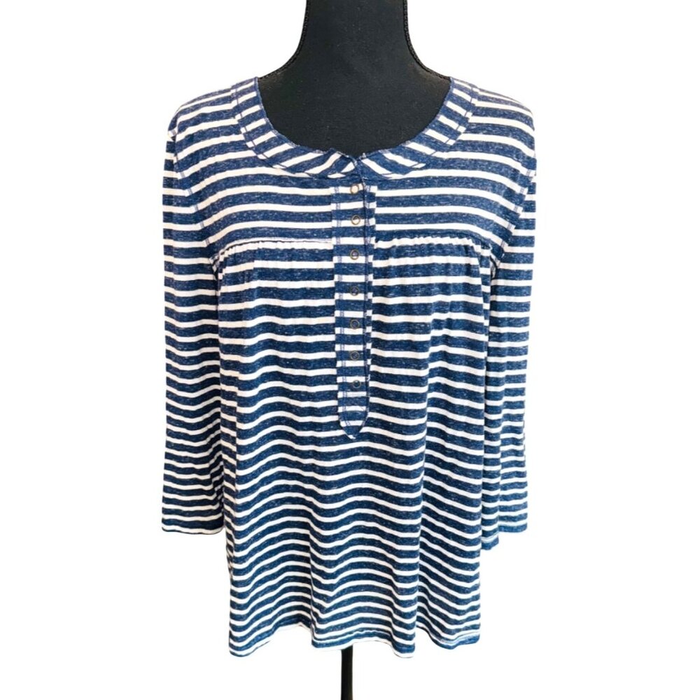 EURO Navy White Striped Long Sleeve Henley Top Nautical Beach Cotton Blend L